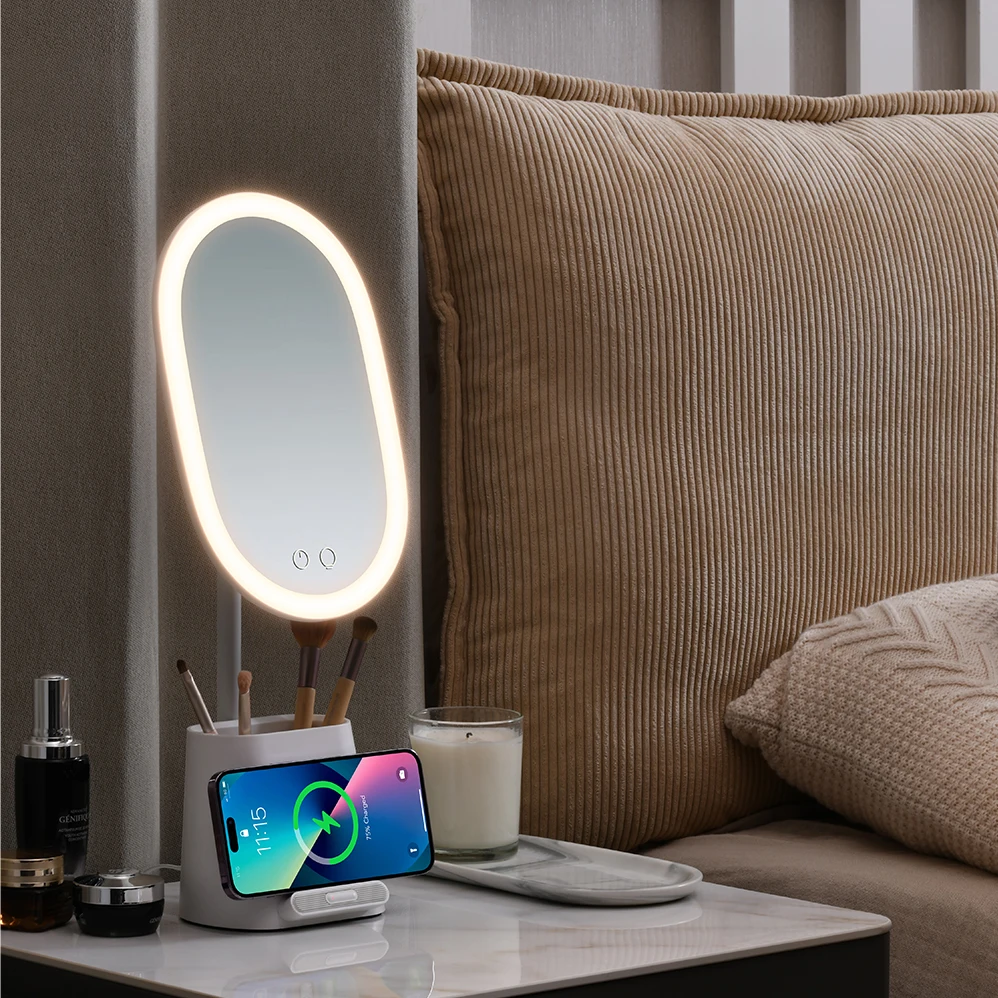 Pen Holder 3 Grade Brightness  Make up Mirror Lamp with Wireless Charger