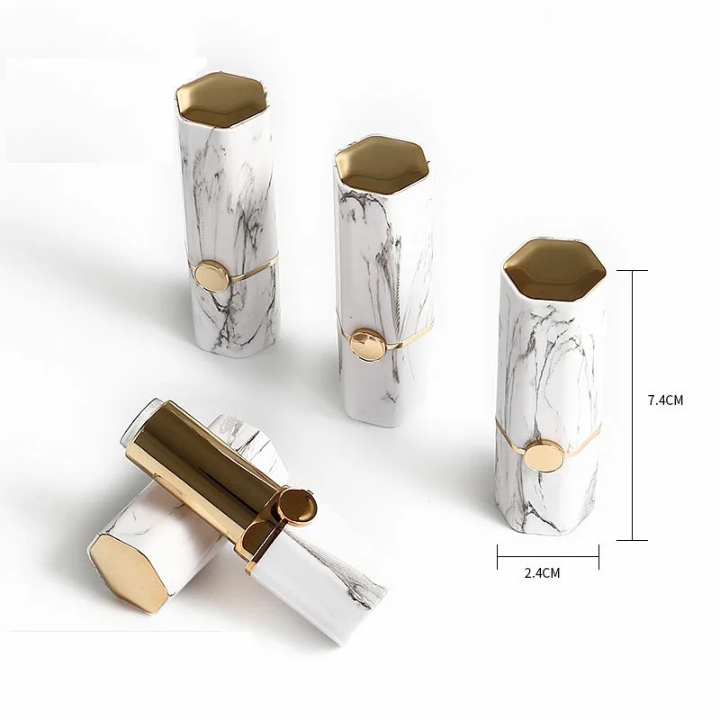 Empty White Marble Hexagon Cosmetic Packaging 12.1mm Lip Balm Lipstick Tube Container