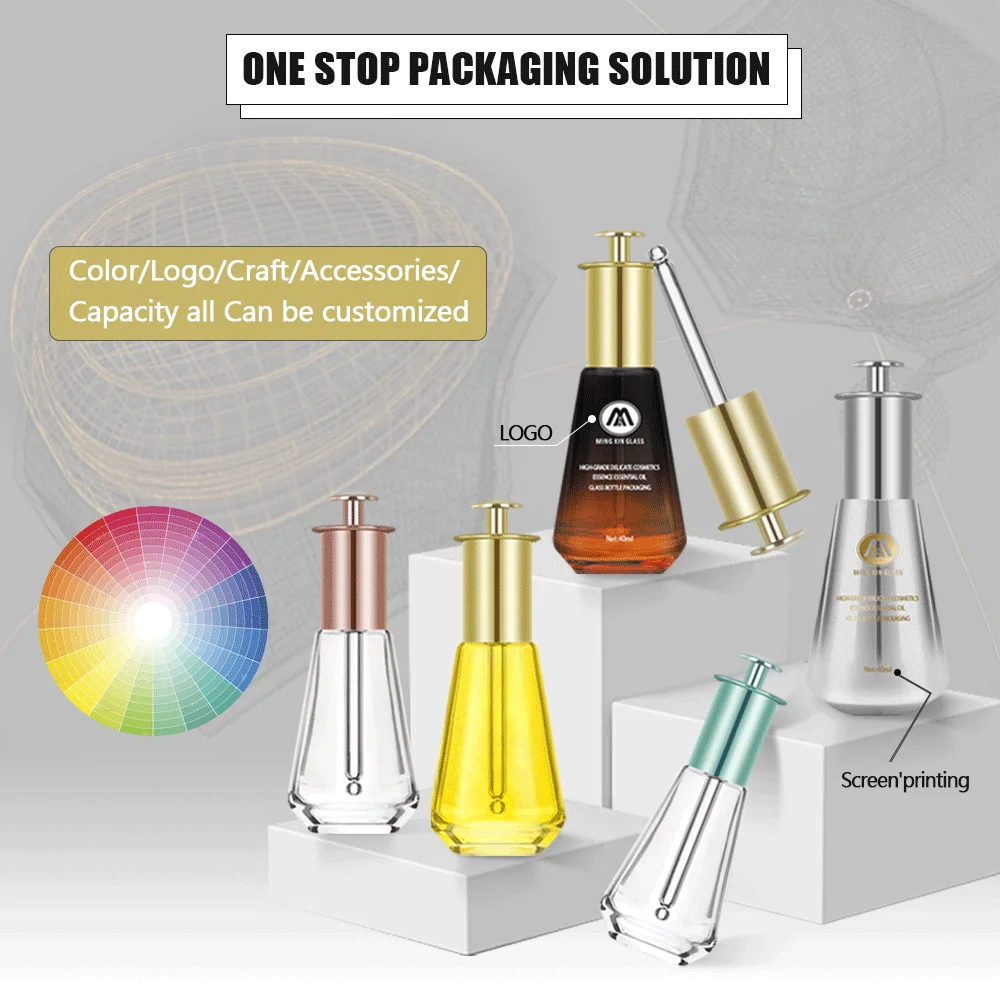 Mingxin Unique New Design Cosmetic Packaging 1Oz 30 40Ml Hotstamped Essential Oil Serum Perfume Glass Dropper Pump Bottle Glass