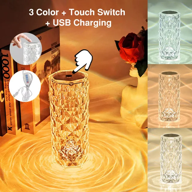 Перезаряжаемая лампа из розового хрусталя с сенсорным управлением меняющая цвет RGB Хрустальная настольная
