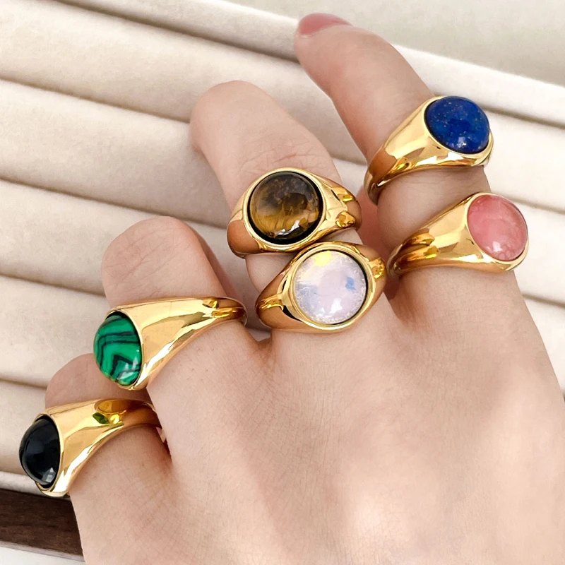Stainless Steel Natural Stone Ring Opal Agate Malachite Gemstone Jewelry Women Jewels anillos de piedra bague pierre naturelle