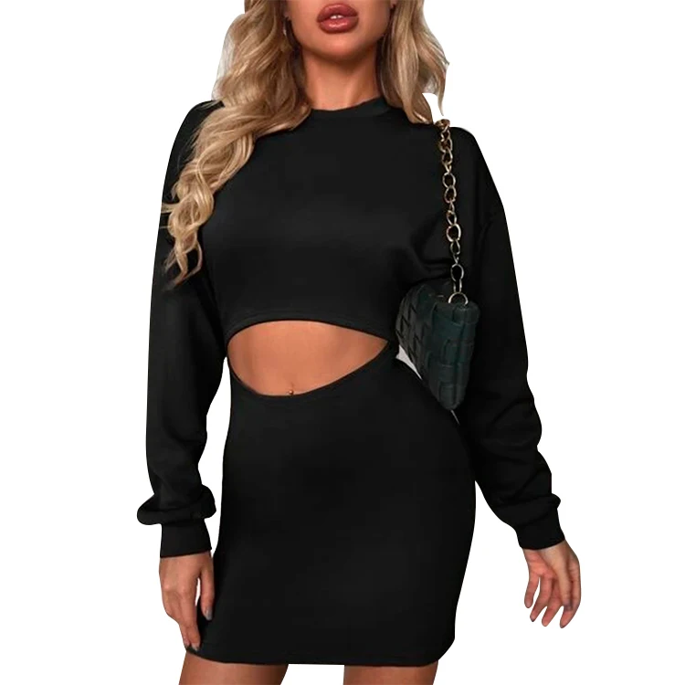 Wholesale Women Loose Long Sleeve Sexy Dress Fashion Round Neck Casual Knitted Sexy Long Full Sleeve Formal Women Dress