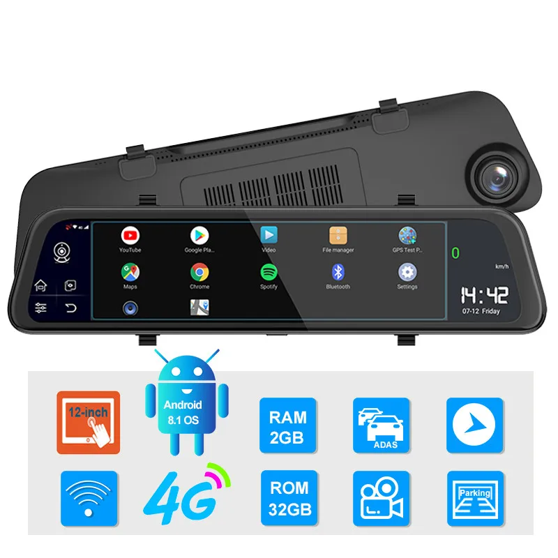 12 Inch Dual Lens Dash Cam 4G 1080P WIFI  GPS navigation car camera redorder dvr with ADAS