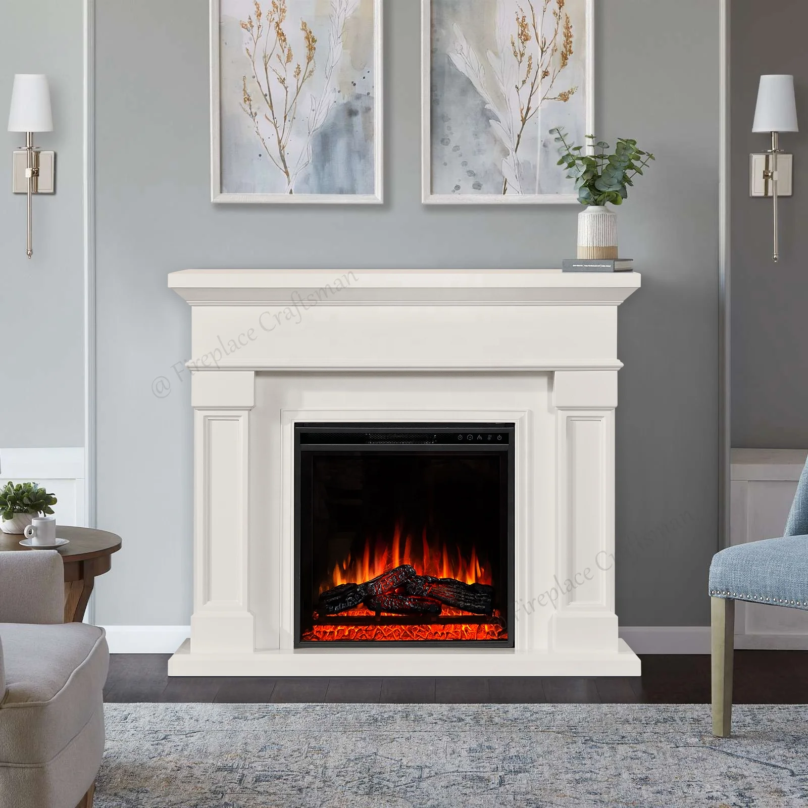 E0 Eco-friendly Wood White Freestanding Remote Control Fireplace Surround Decorative Electric Fireplace Mantels