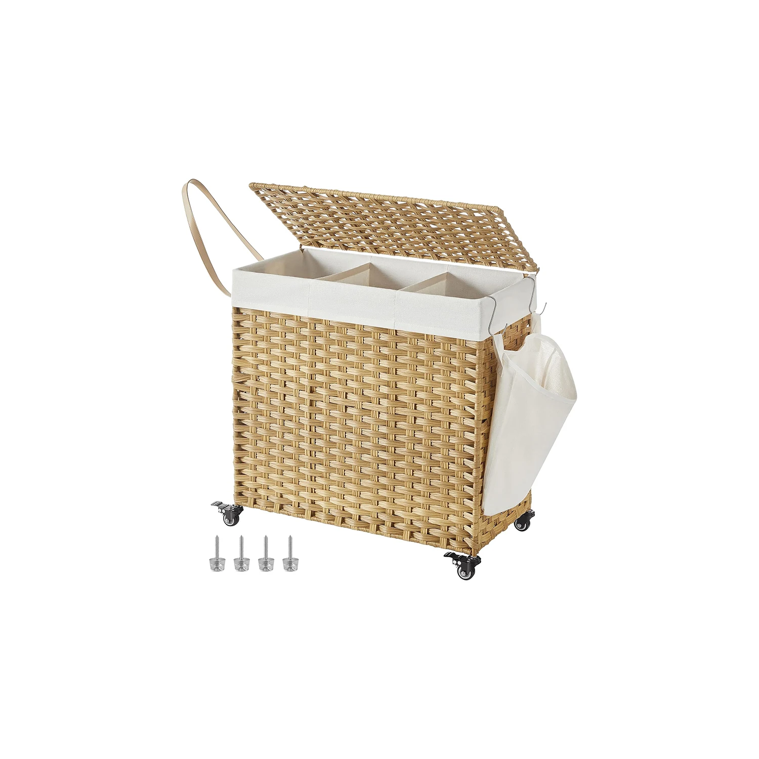 3-секционная корзина для белья из синтетического ротанга с колесами крышкой