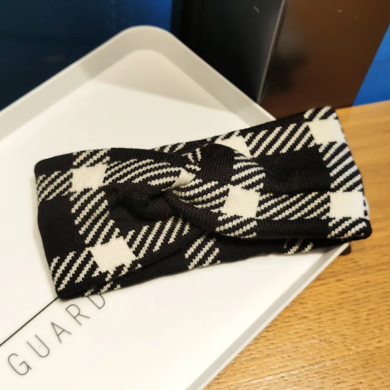 Custom Logo Elastic Hair Band Winter Knit Plaid Cross Head Band Ear Warmer Headband Crocheted Knitted Head Wraps For Women Girls