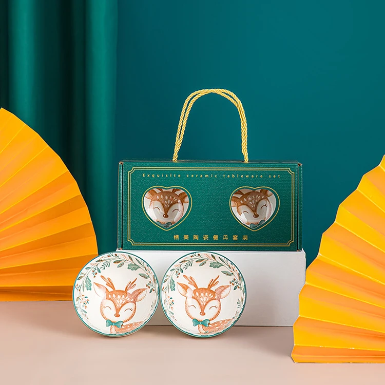 cartoon pattern ceramic tableware gift set for holiday gift box dinnerware 4 pieces bowl set ceramic