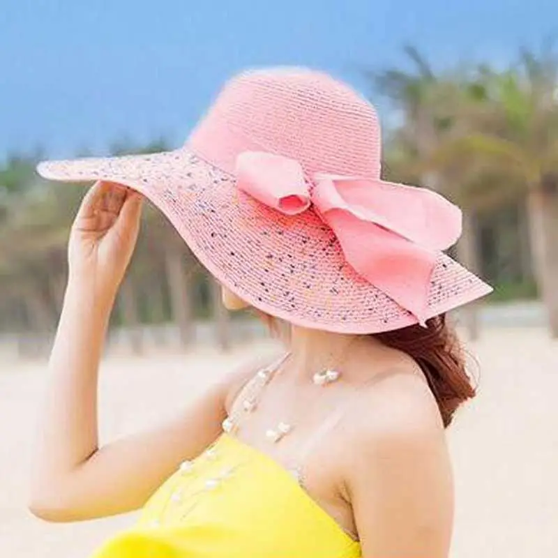 
Fashion Straw Hat Ribbon Big Floppy Brim Visor Hat Summer Beach Visor Cap 