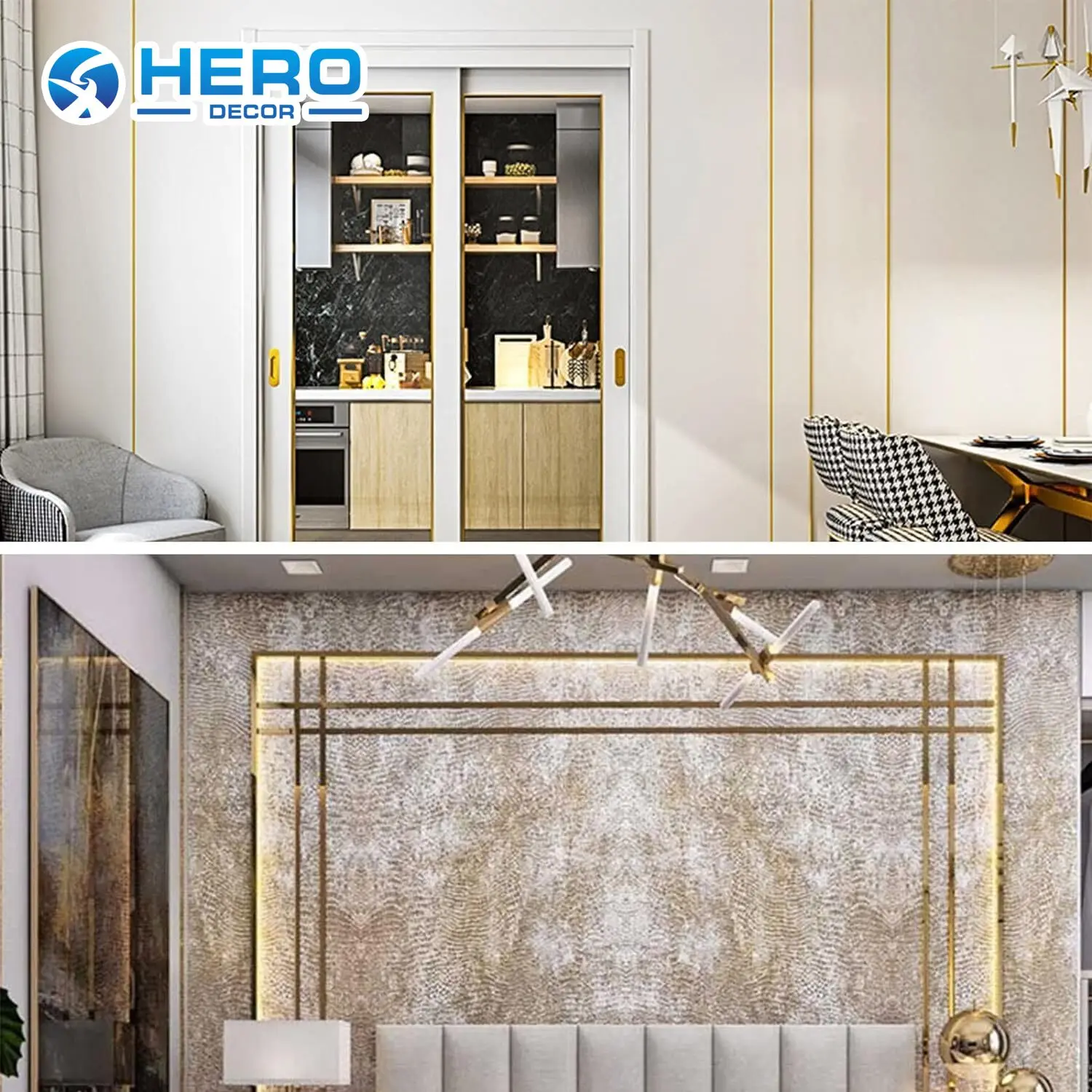 HERO Metal Wall Mirror Stainless Steel 201 & 304 Sticker Adhesive Metal Gold Wall Tile Edge Trim Flat Strip