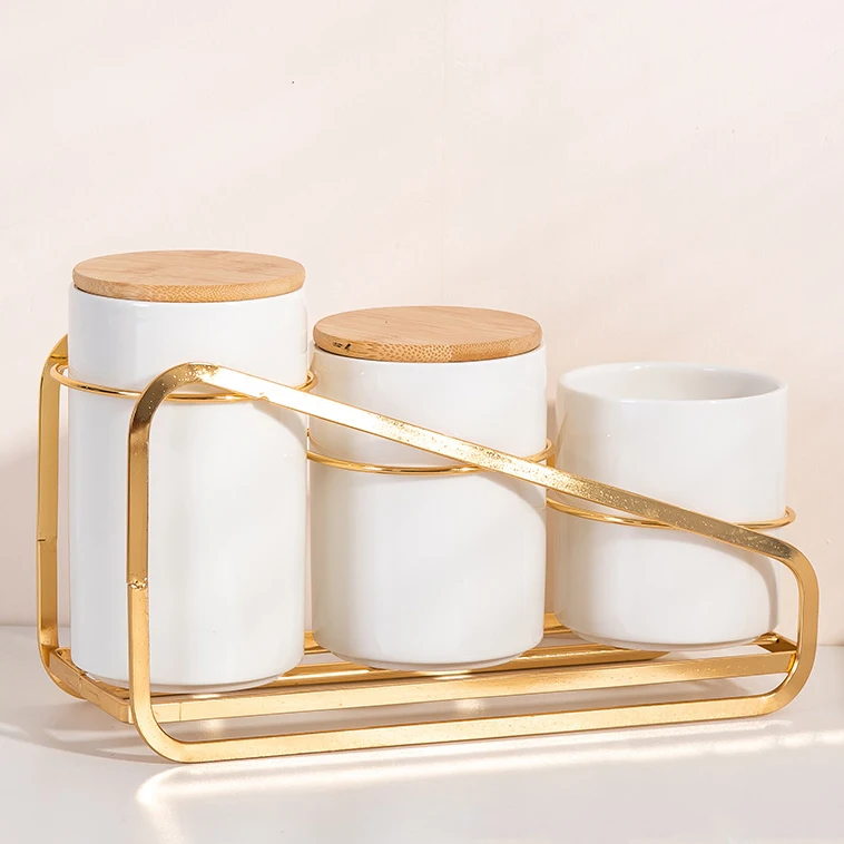 Nordic style kitchen sealed grain storage jar with wooden lid / luxury ceramic sugar coffee tea canister set