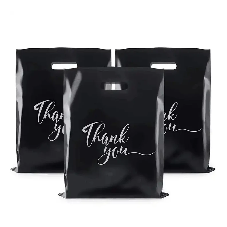 Custom Clear Thank You Bag Merchandise Plastic Bags logo with Die Cut Handles Bulk Retail Bags for Small Business shopping