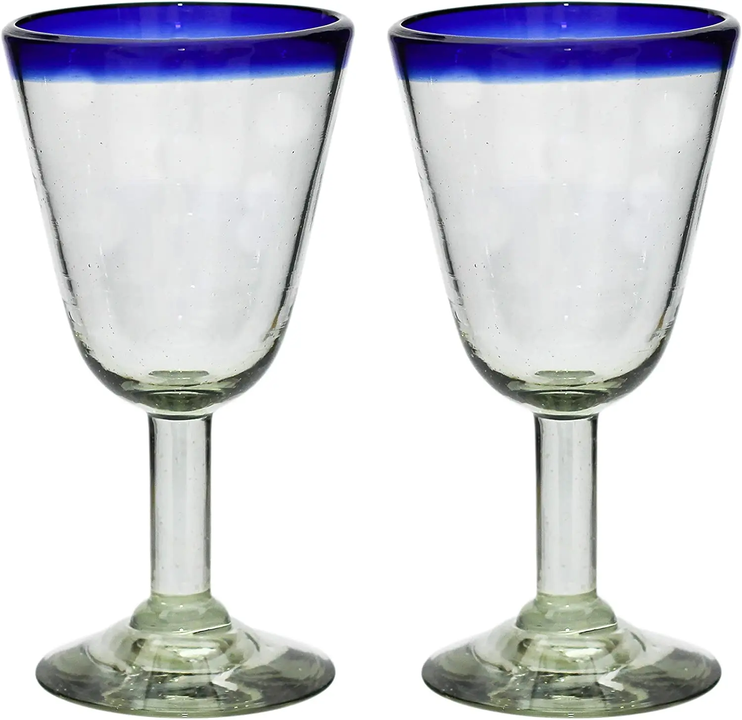 Mexican Stemmed Drinking wine glasses goblet recycled glass 10oz Handmade blue rim Campana Wine Glasses