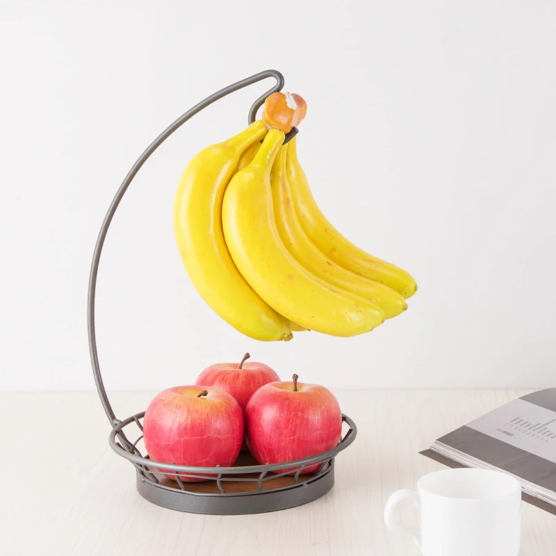 Decorative iron metal wire storage holders racks wooden bottom fruit basket stand vegetable basket with banana hanger