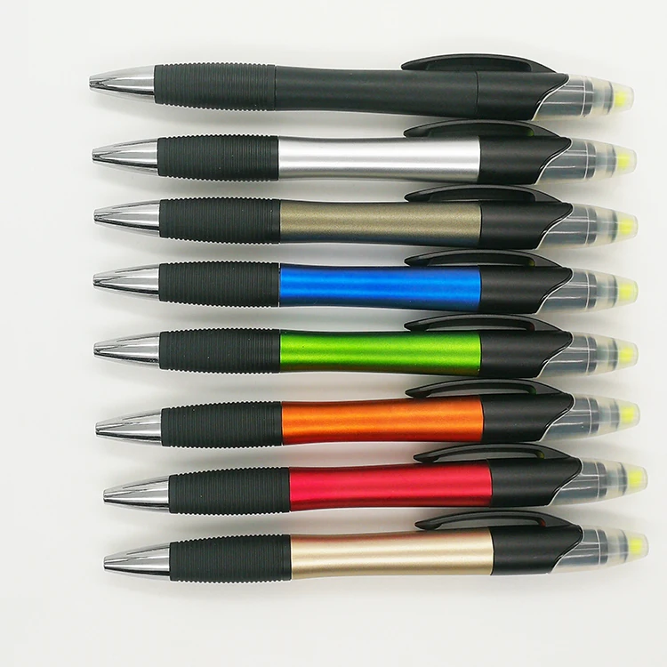 Plastic promotion pen  metallic barrel   big customized logo  highlighter pen ballpen