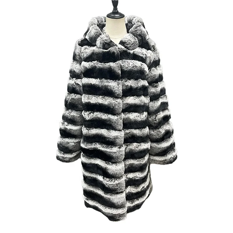 High Quality Winter Fashion Chinchilla Fur Coat Genuine Rex Rabbit Fur Long Coat Women