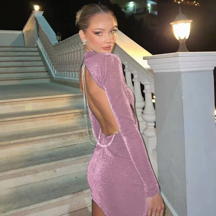 Spring Autumn New Fashion Sexy Backless Round Neck Long Sleeve Hip Wrap Dress Elegant Chain Glitter Party Mini Dress Wholesale