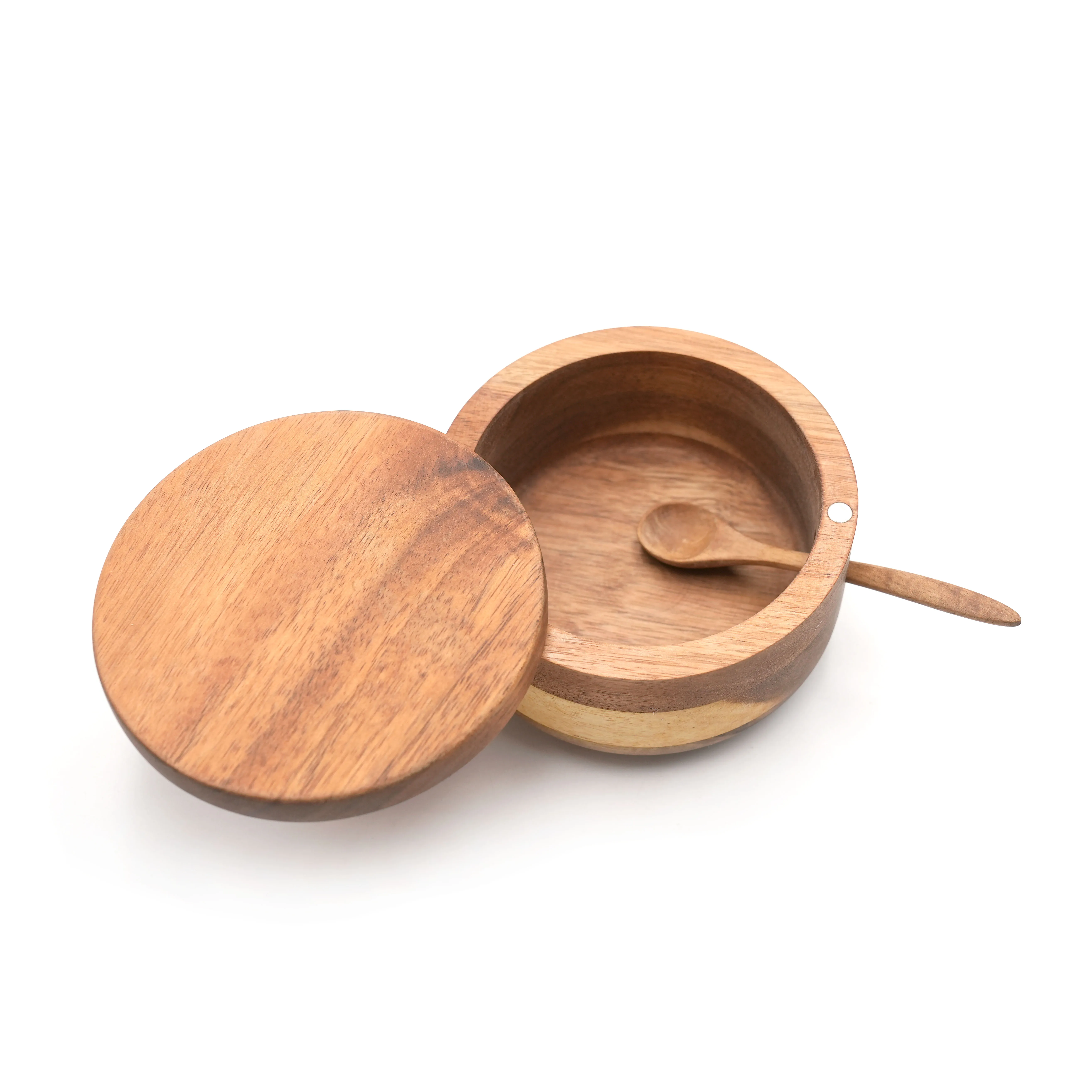 Salt Keeper Wood Jar For Kitchen Round Wood Salt Cellar Container Wood Salt & Spice Box With Swivel Cover
