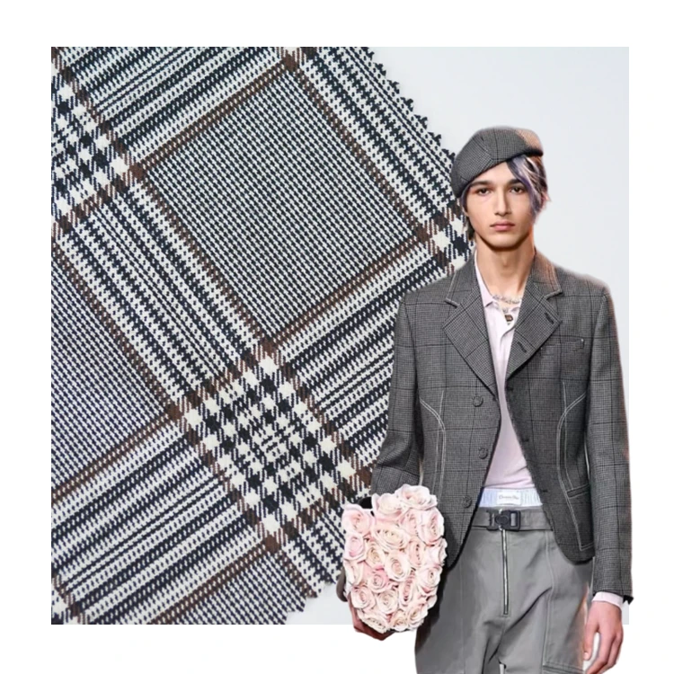 Factory manufacture polyester rayon stretch 248gsm flannel plaid coat suit fabric for women