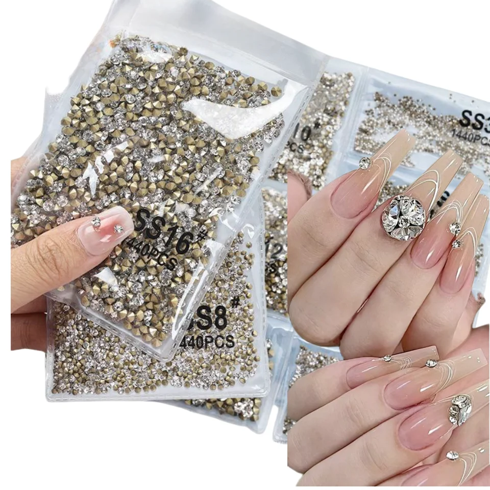 Hot 1440pcs SS3-SS20 Pointed Gold Bottom Crystal Clear Diamonds 3D Stones Nail Art Decorations Nails Shiny Glitter Point Stone