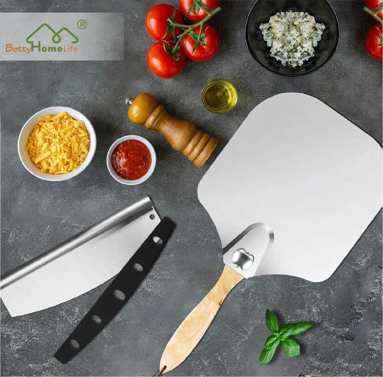 Foldable Handle Aluminum Metal 12 x 14 inches Pizza Peel Paddle 14; Rocker Pizza Cutter with Protective Cover for Homemade Pizza