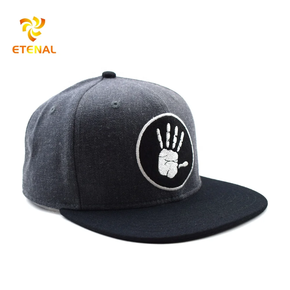 Grey Panel Black Brim Cap Custom 3d Embroidery Wool Snapback Caps Hats for Men
