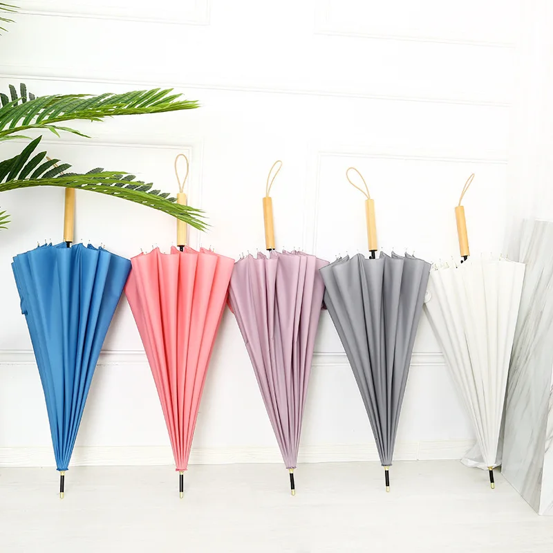 China supplier Straight Umbrella 16 ribs wind protect stick umbrella Modern design wood handle parasol
