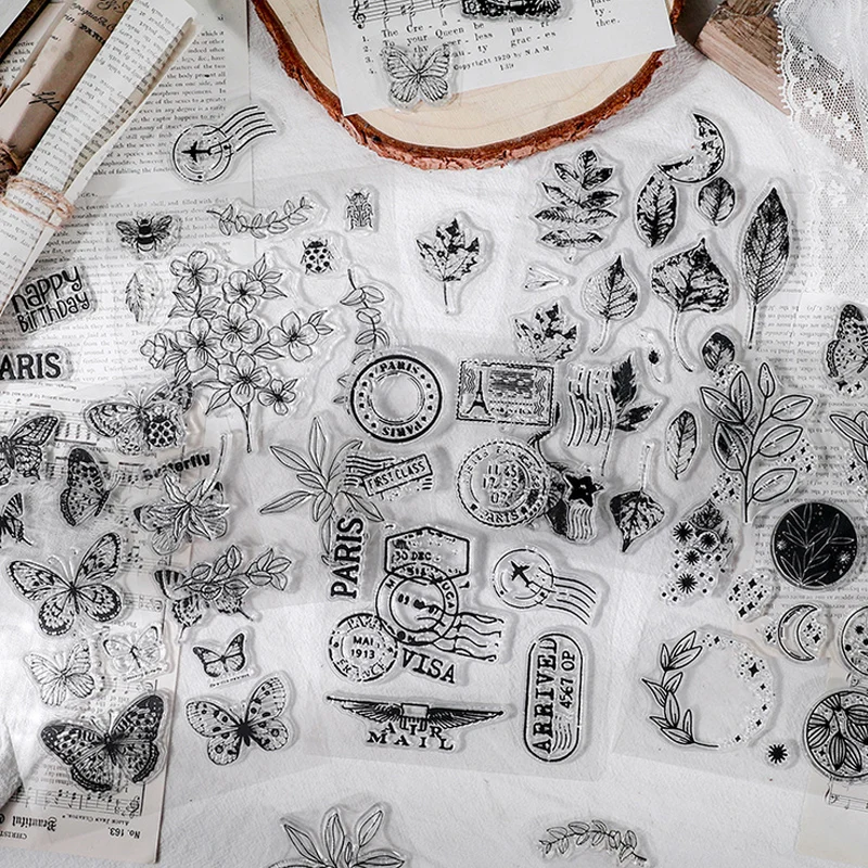Vintage Number Butterfly Flower Plant Clear Stamp Diy Decoration Diary Journal Planner Craft Scrapbooking Silicone Rubber Stamps