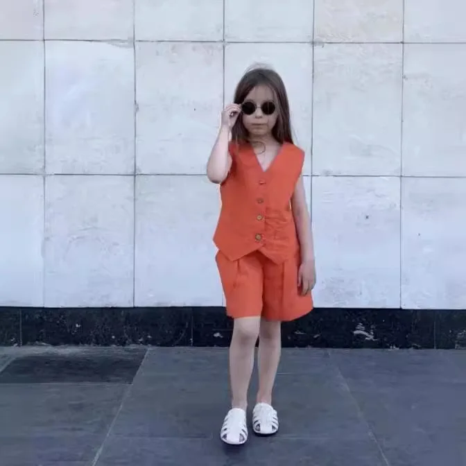 Custom Russia Australia Linen Kids Suits Summer Sleeveless Vest Shorts 2 Pieces Kids Girls Outfits