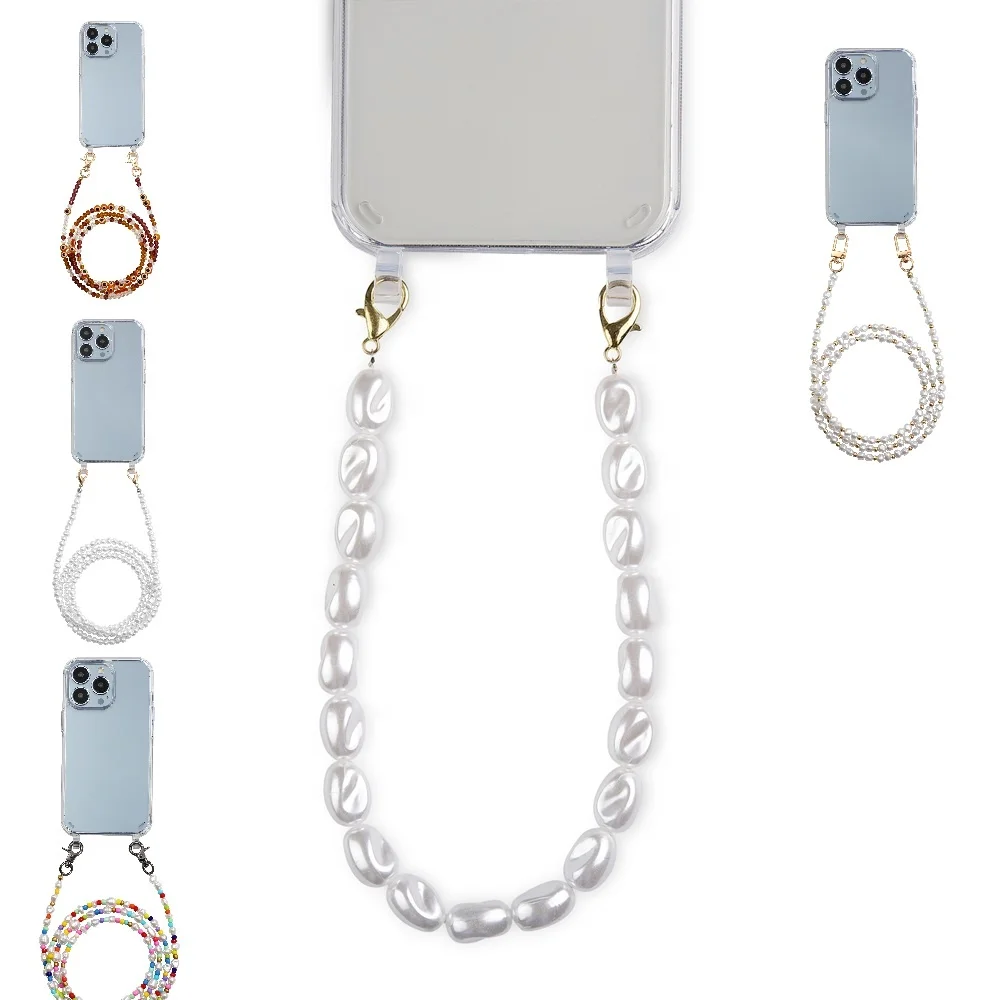 handy  detachable phone case lanyard strap sling elegant wholesale stock faux thick pearl custom DIY beaded smart  necklace