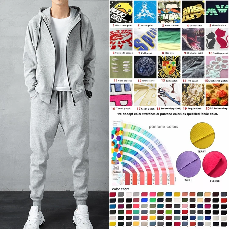 Custom logo wholesale high quality thick french terry cotton gym sports solid color hoodie jogger suit men sweat suits