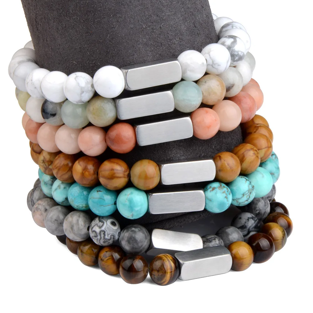 Stainless Steel Square Custom Laser Engrave Logo Natural Stone Beaded Bracelet