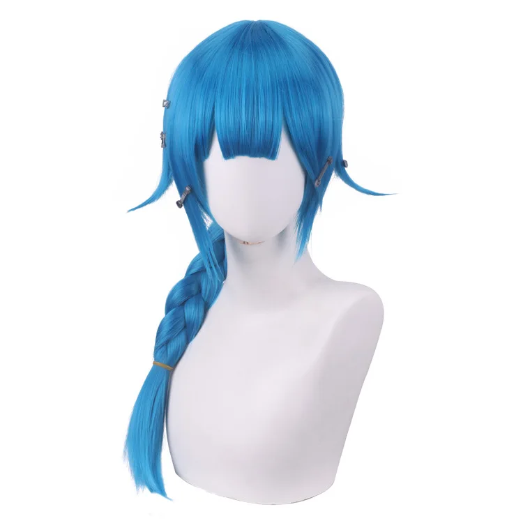 Ainizi high quality lake blue single braid teenager Jinx cosplay wig from Arcane: League of Legends