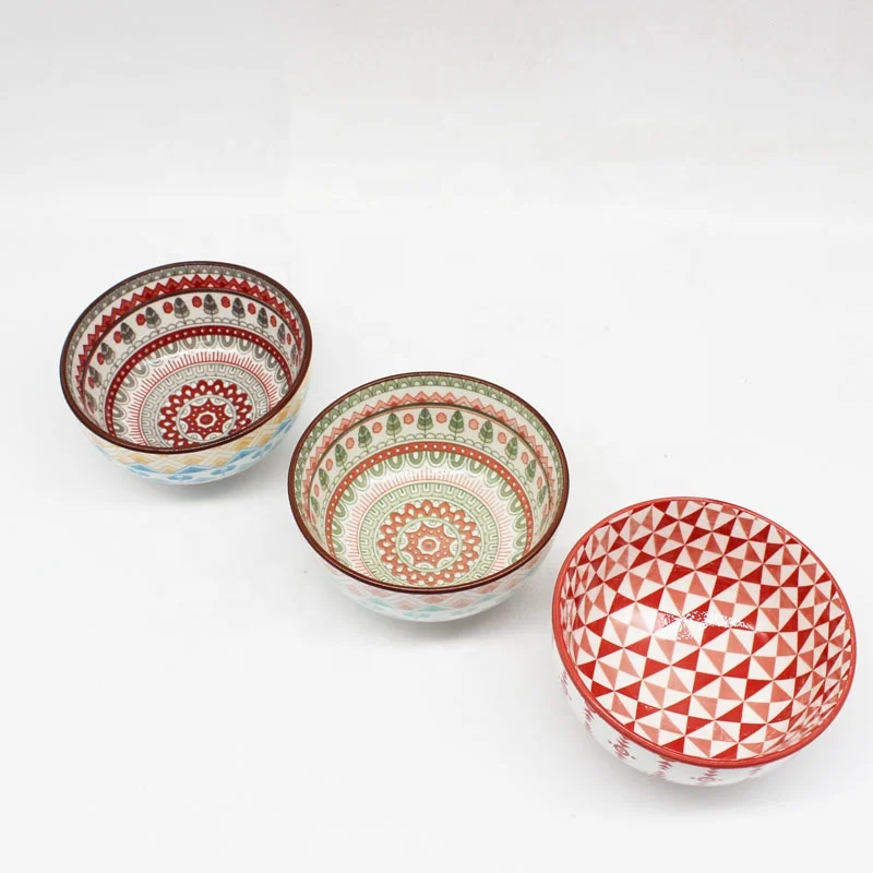 6.5 inch Wholesale Stoneware Bowl with Retro Pad Printing Patterns Ceramic Soup Bowl Customized Various Patterns for Kitchen