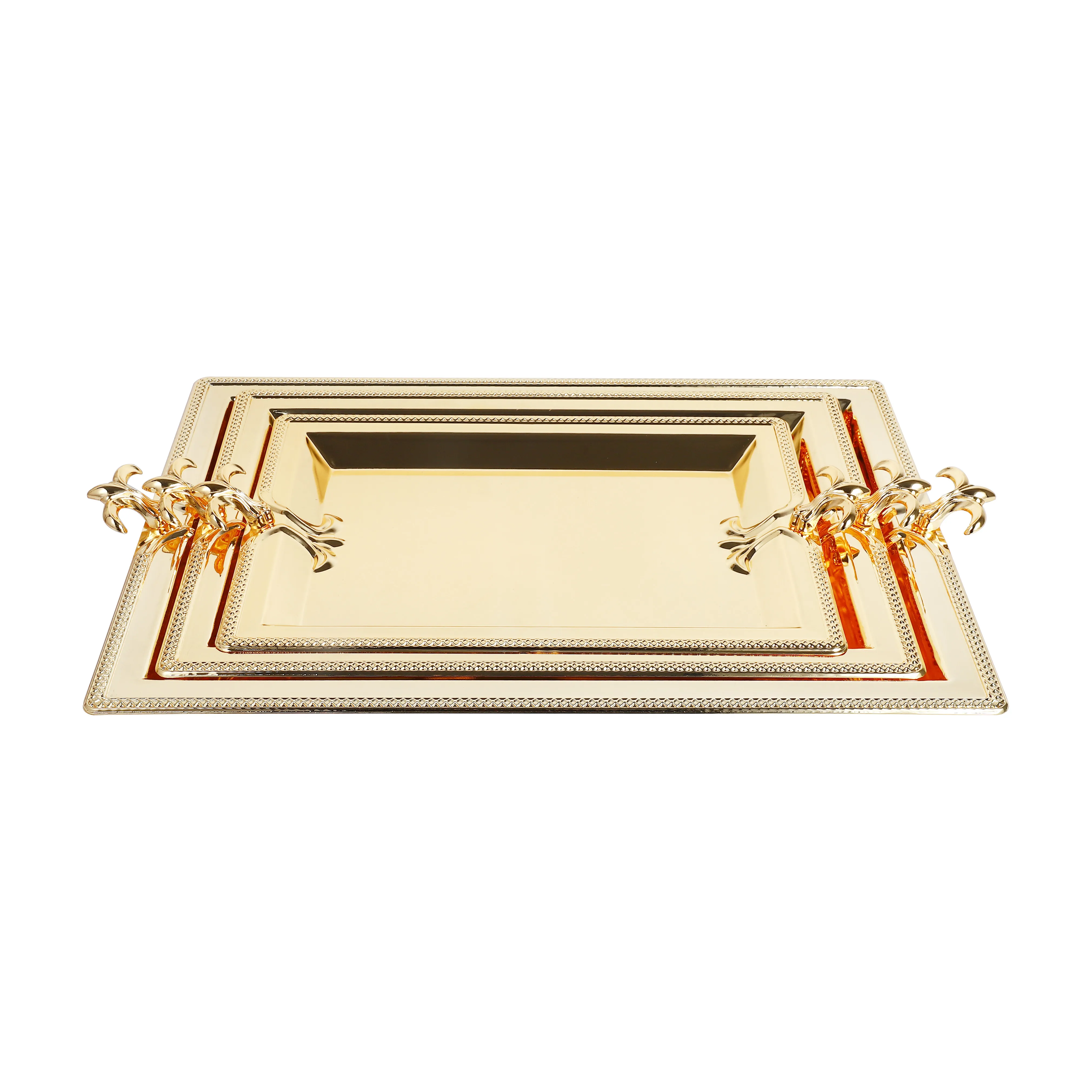 Metal Rectangle 3pcs Serving  Mirror Tray Sets With Handle Fruit Food Plate Silver Gold Plated Decorative
