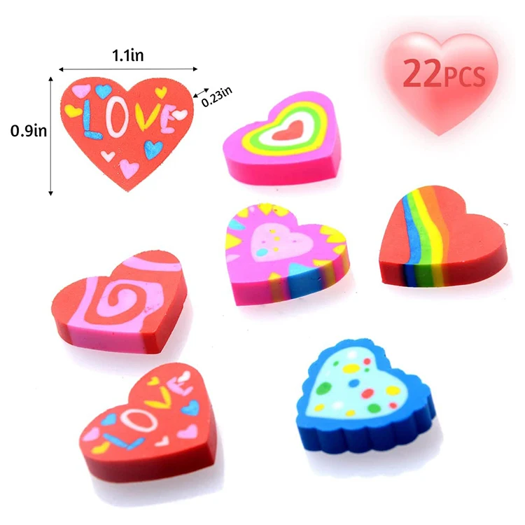 manufacturer custom promotion 2d heart shape eraser top for pencil crayon 22pcs mini rubber eraser set package for kids