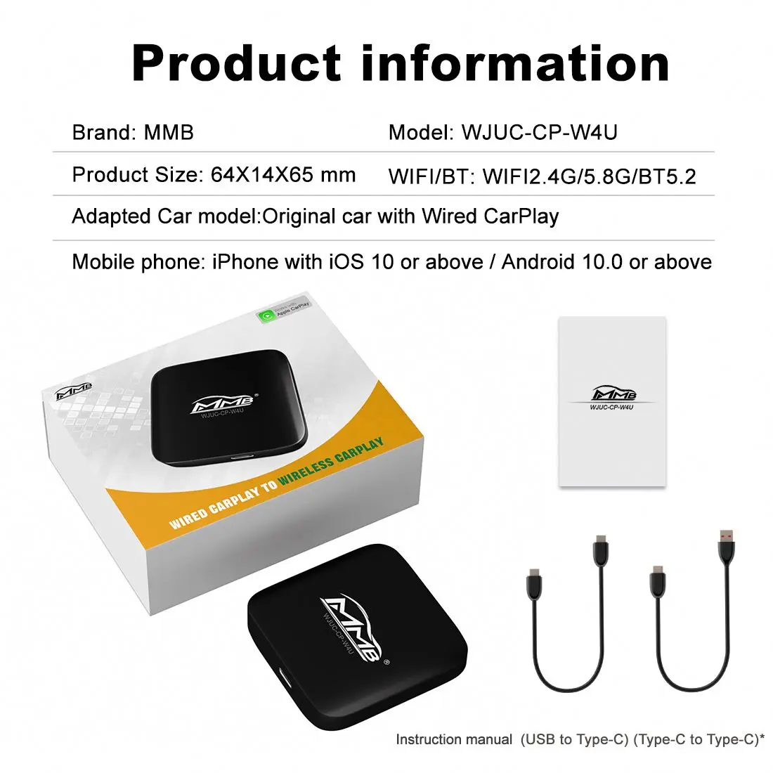 MMB usb wired to Wireless android carplay dongle Portable Wireless Carplay Plug And Play Car Box