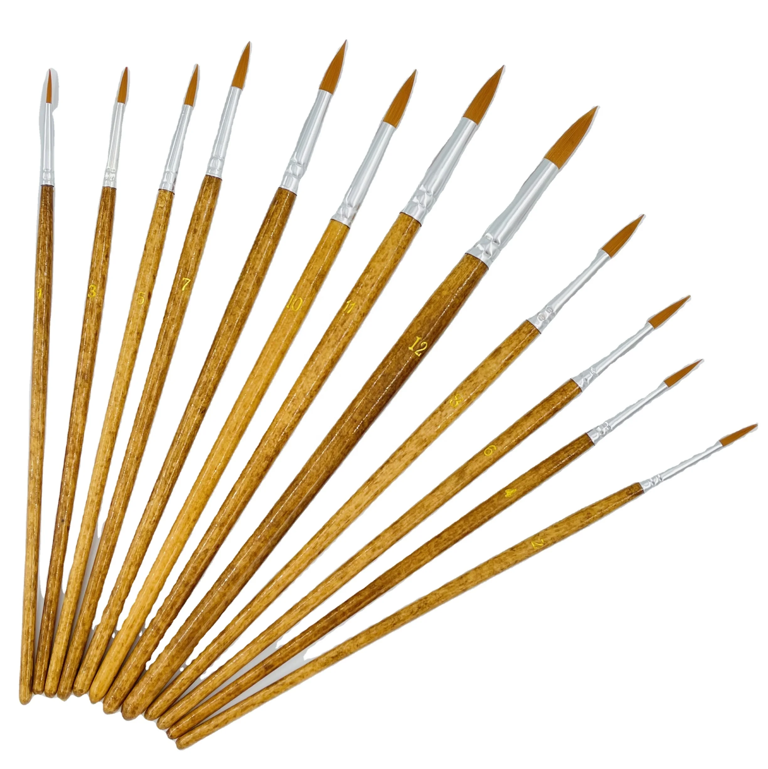 12pcs Miniature yellow color Wooden Handle Round nylon hair aluminum tube Paint Brush for acrylic paint brush set
