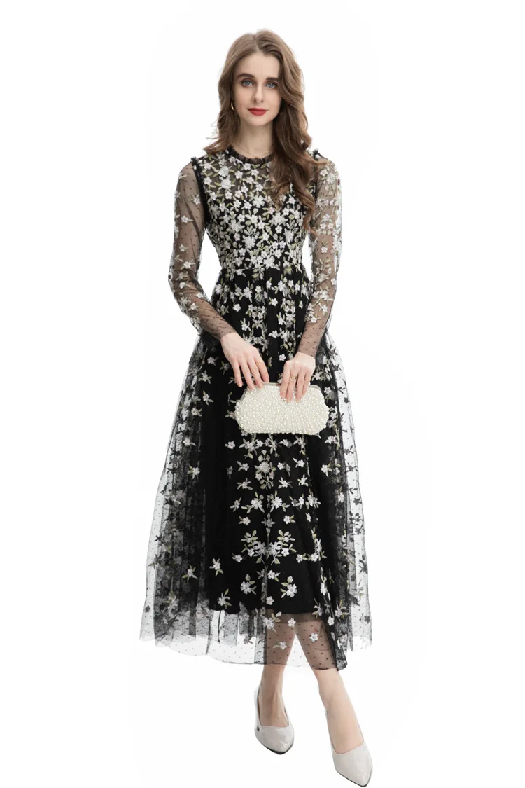 XXL Long Embroidery Dress 2024 Spring Wedding Party Dress for Women Allover Luxurious Embroidery Long Sleeve Maxi Dress Occasion