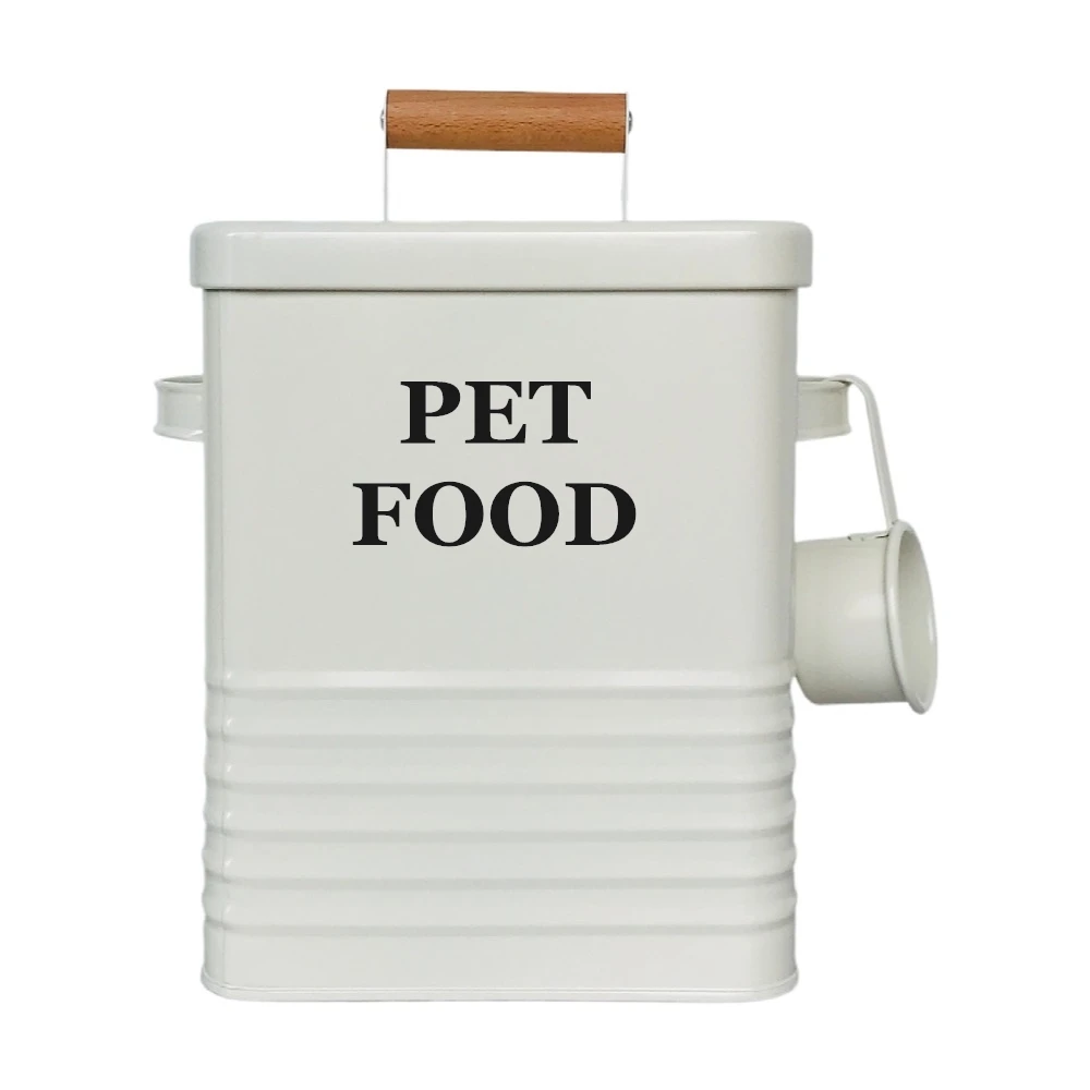 Custom Wholesale Farmhouse Metal Pet Food Treats Holder Dog Container Storage Cat Treats Tin with Scoop Pet Water Bowl