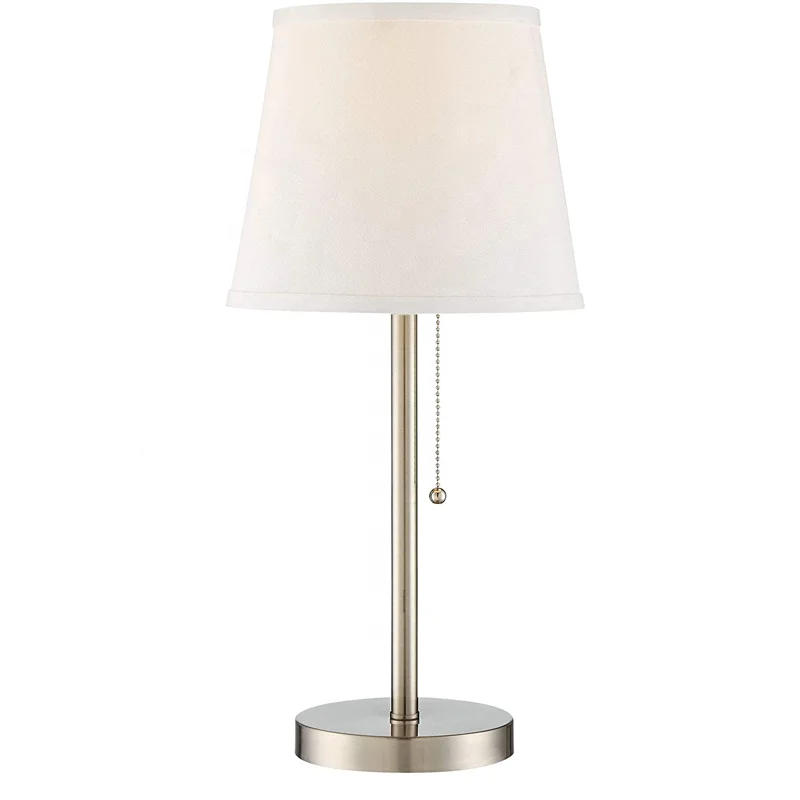 Modern Hotel Style USB and AC Power Outlet in Base Brushed Nickel White Empire Fabric Shade Accent Table Lamp
