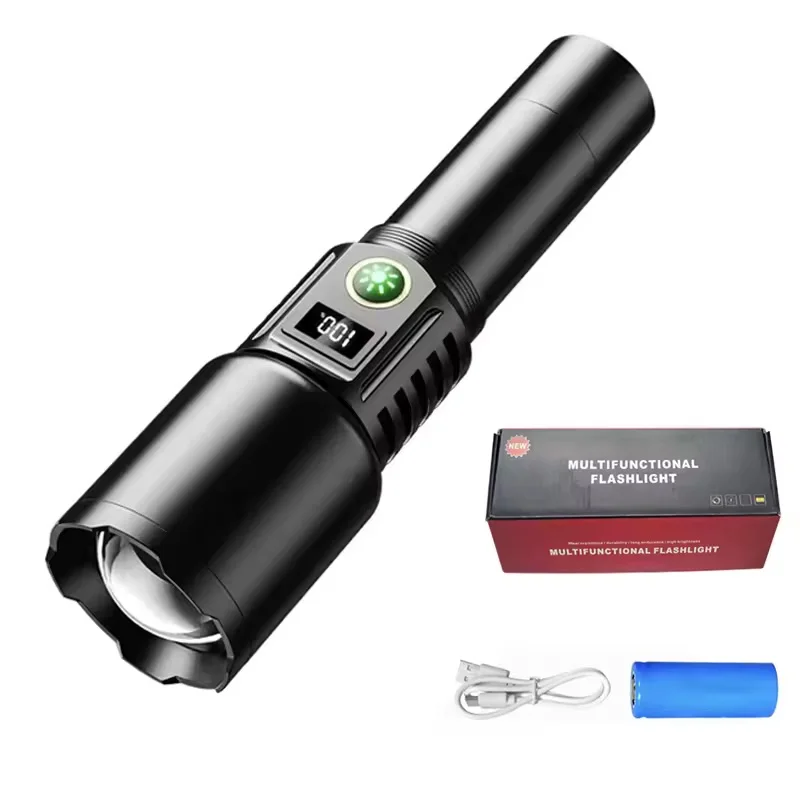 Aluminium alloy USB rechargeable 1200 Lumens 20w  zoomable waterproof emergency flashlight with digital power display