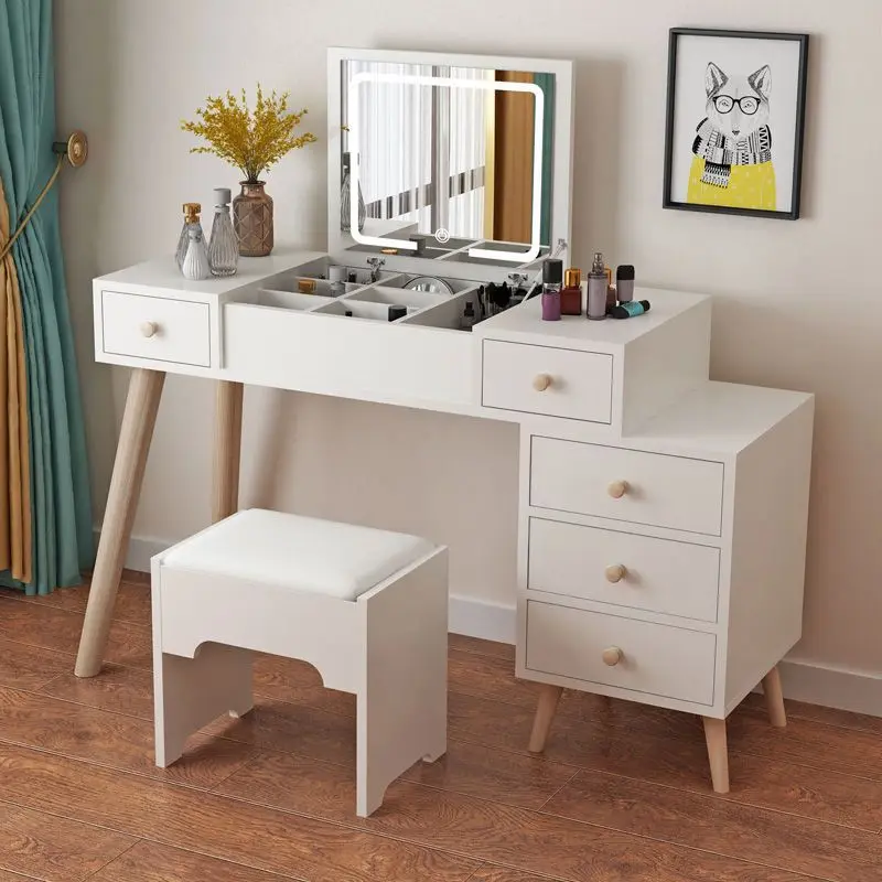 Nova Modern Solid Wood Makeup Vanity Desk With Led Lighted Mirror Bedroom Flip Top Mirror Dresser Table Furniture With Stool