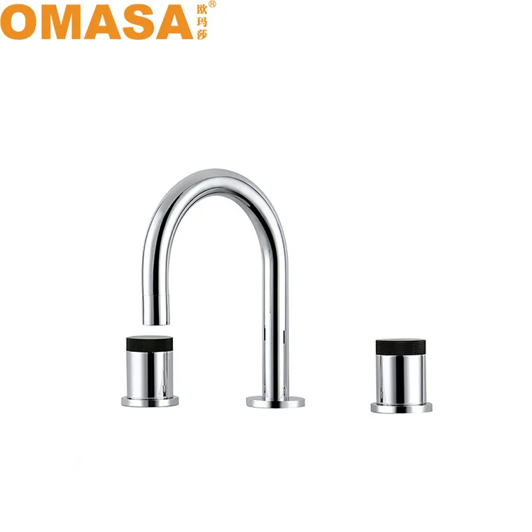 OMASA  triple hole deck mounted double handle Curved brass body washing basin hot cold faucet