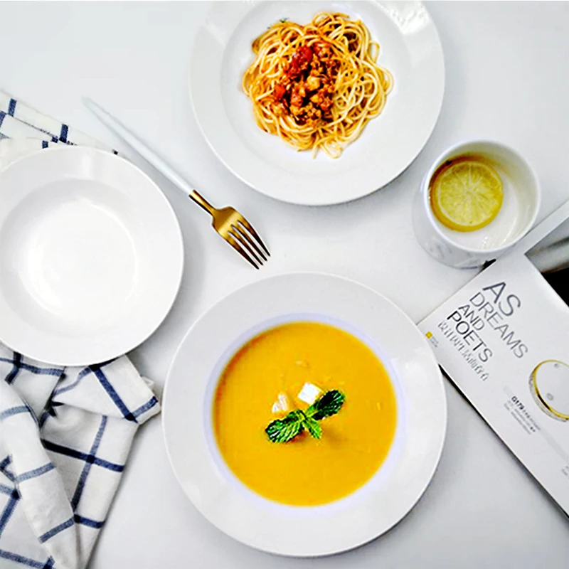 Custom Printed Logo Popular White Ceramic Diet Pasta Deep Soup Plate For Restaurant