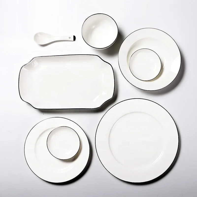 European Black Rim Tableware Plate Ceramic White Porcelain Dinner Set Hotel Household Black Line White Dinnerware Sets