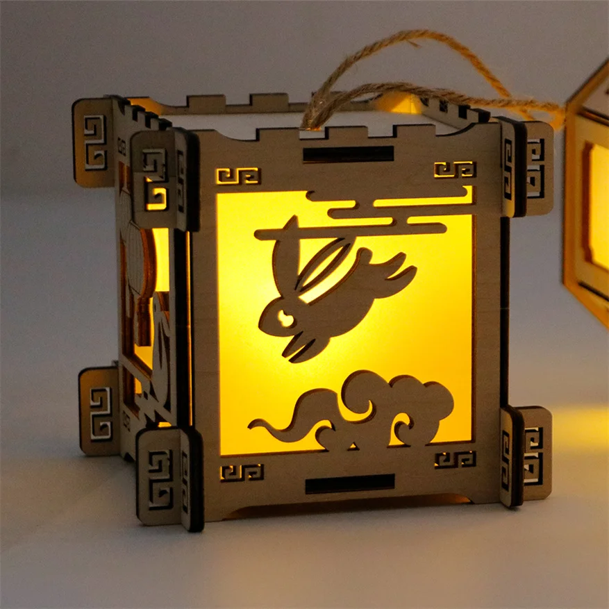 Traditional Rabbit Design Wooden Lantern Pendant Decoration 3D Puzzle Toy for Children