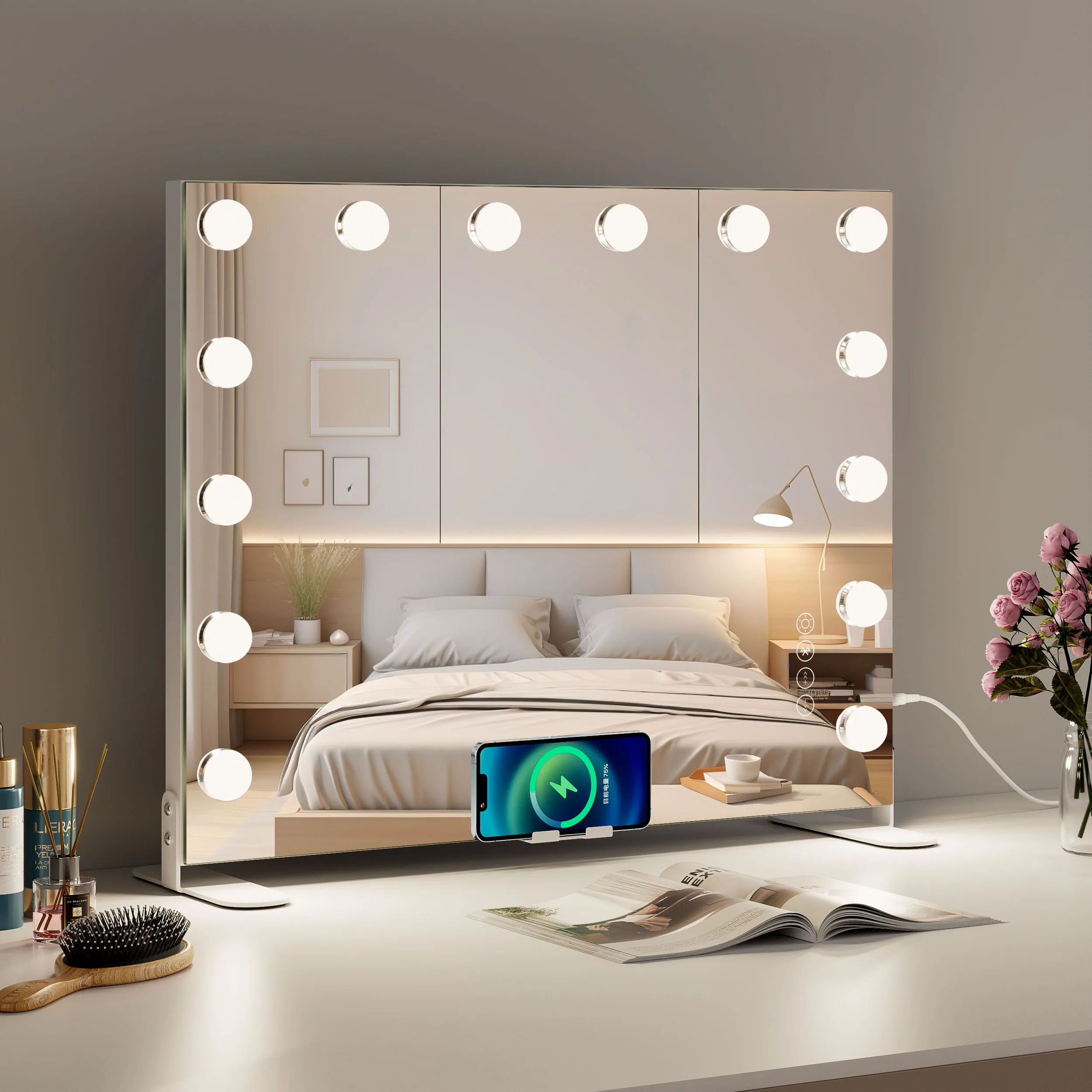 Touch Sensor Switch Square Lighted Adjustable Brightness Makeup Lights Bluetooth Speakers With Led Vanity Hollywood Mirror