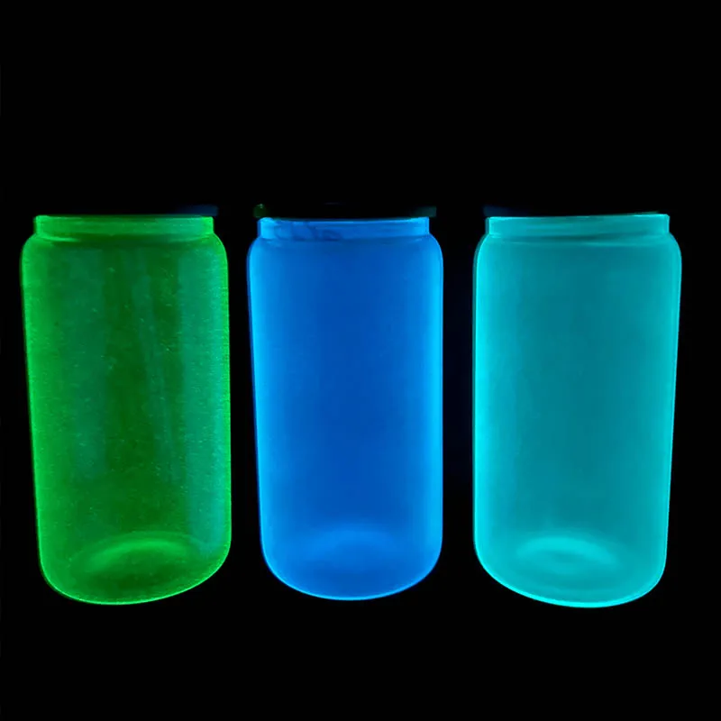Wholesale 16oz sublimation plating clear frosted glow in the dark glass bear soda can with bamboo lid and straw for heat prin