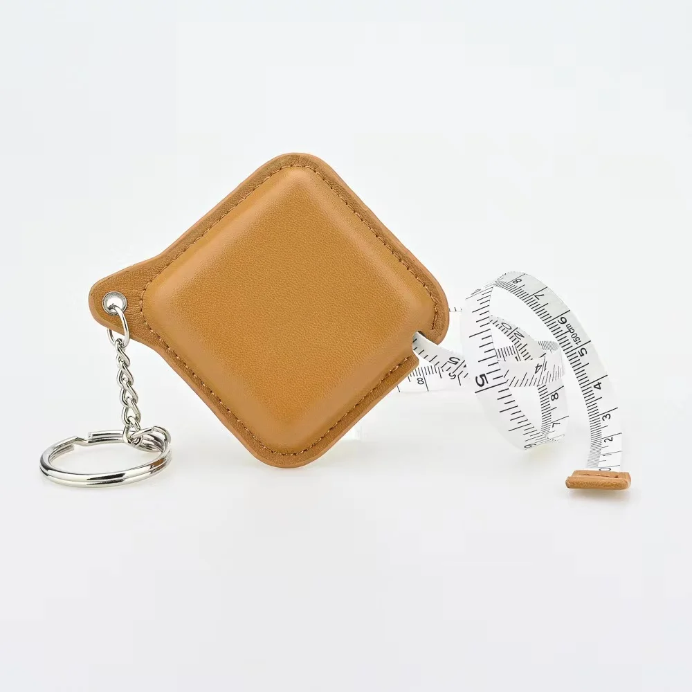 Custom logo debossed square shape yellow leather cover mini tape measure keychain