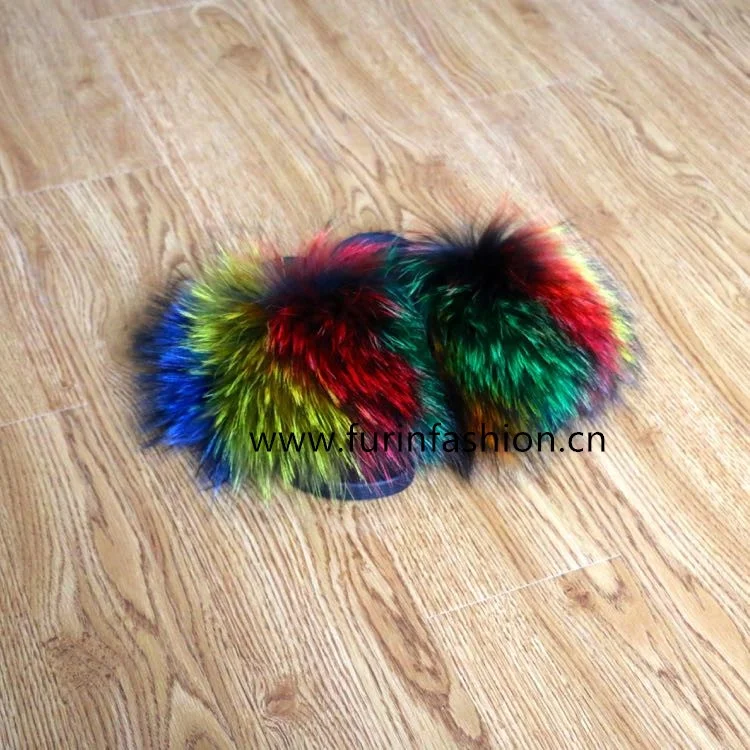 
Custom Real Multi-color raccoon fur slippers soft fur slides for Fashion Women 